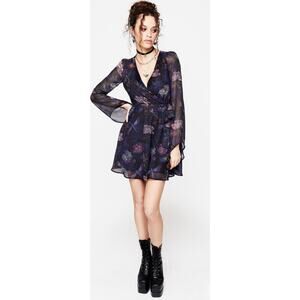 Disturbia Womens 6 Black Purple Dragonfly Goth Flare Sheer-Sleeve Mini Dress NEW